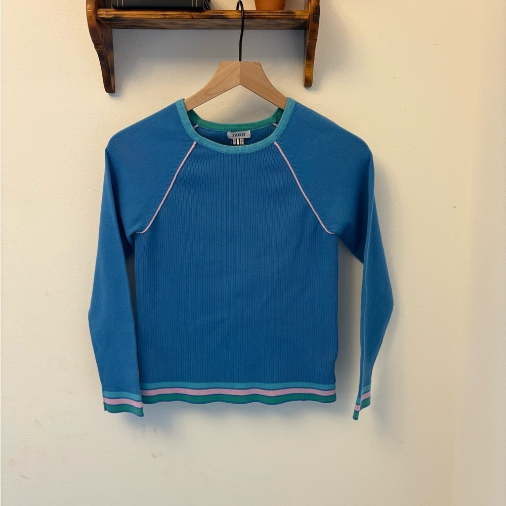 Vintage IZOD Blue Ribbed Sweater  Y2K Contrast Trim Crewneck Size Small